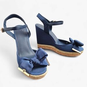 TORY BURCH Penny Navy Blue Bow Platform Jute Wedge Sandals 11M